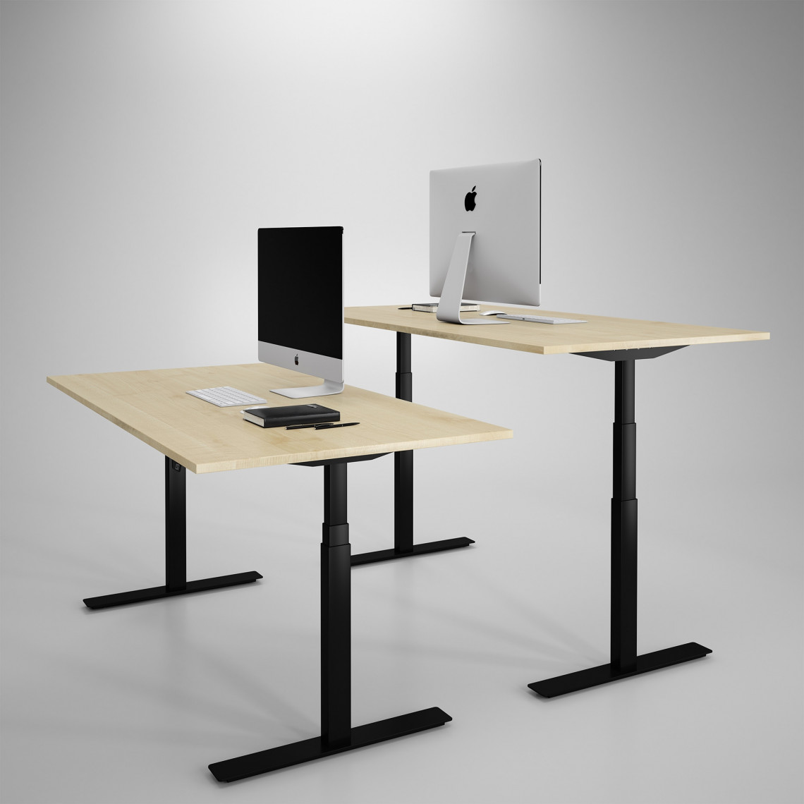 Höj och sänkbart skrivbord, svart stativ och björk skiva - Premium Höj och sänkbart skrivbord, svart stativ och björk skiva - Premium