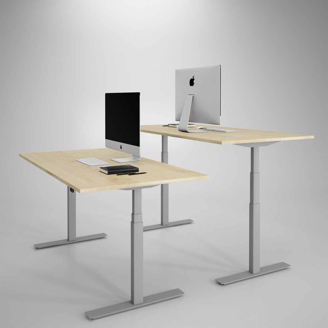 Höj och sänkbart skrivbord, silver stativ och björk skiva - Premium Höj och sänkbart skrivbord, silver stativ och björk skiva - Premium