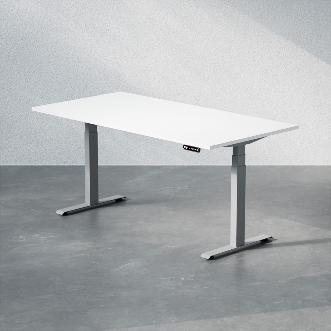 Höj- och sänkbart skrivbord Premium med vit bordsskiva och silvrigt stativ, storlek 160x80 cm.