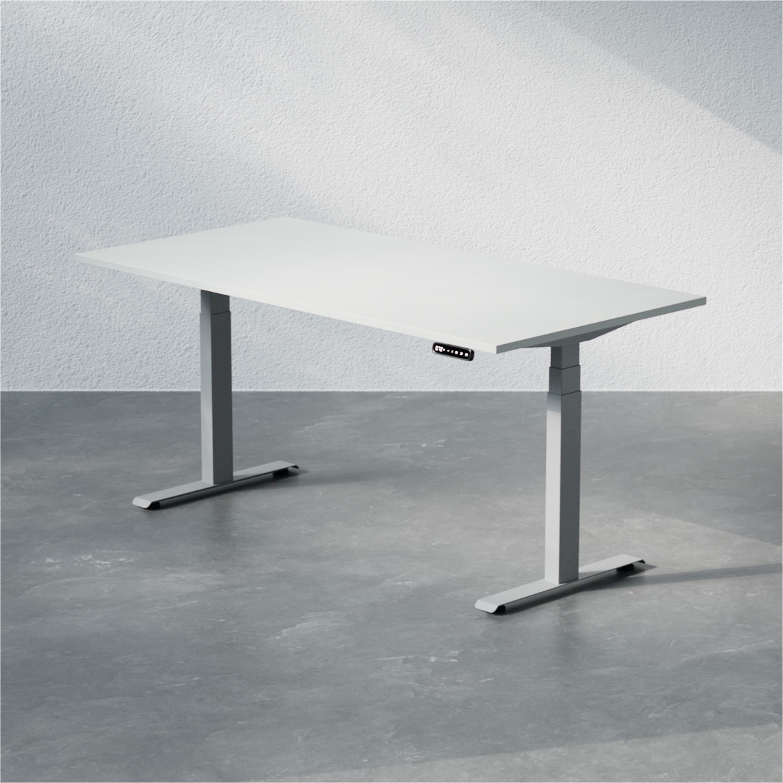 Höj- och sänkbart skrivbord Premium med ljusgrå bordsskiva och silvrigt stativ, storlek 160x80 cm.