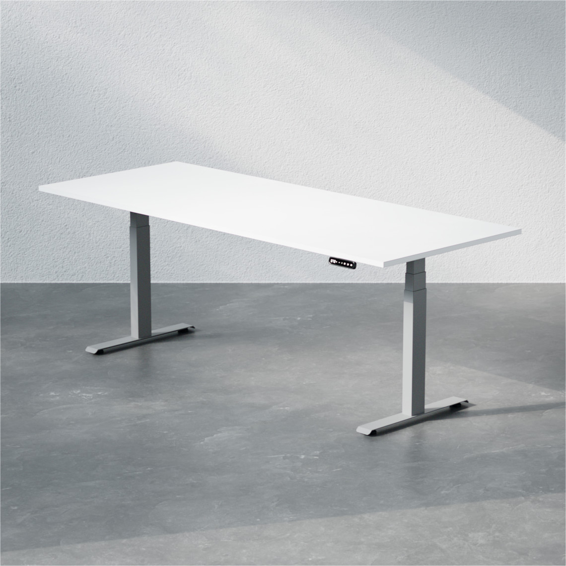 Höj- och sänkbart skrivbord Premium med vit bordsskiva och silvrigt stativ, storlek 200x80 cm.