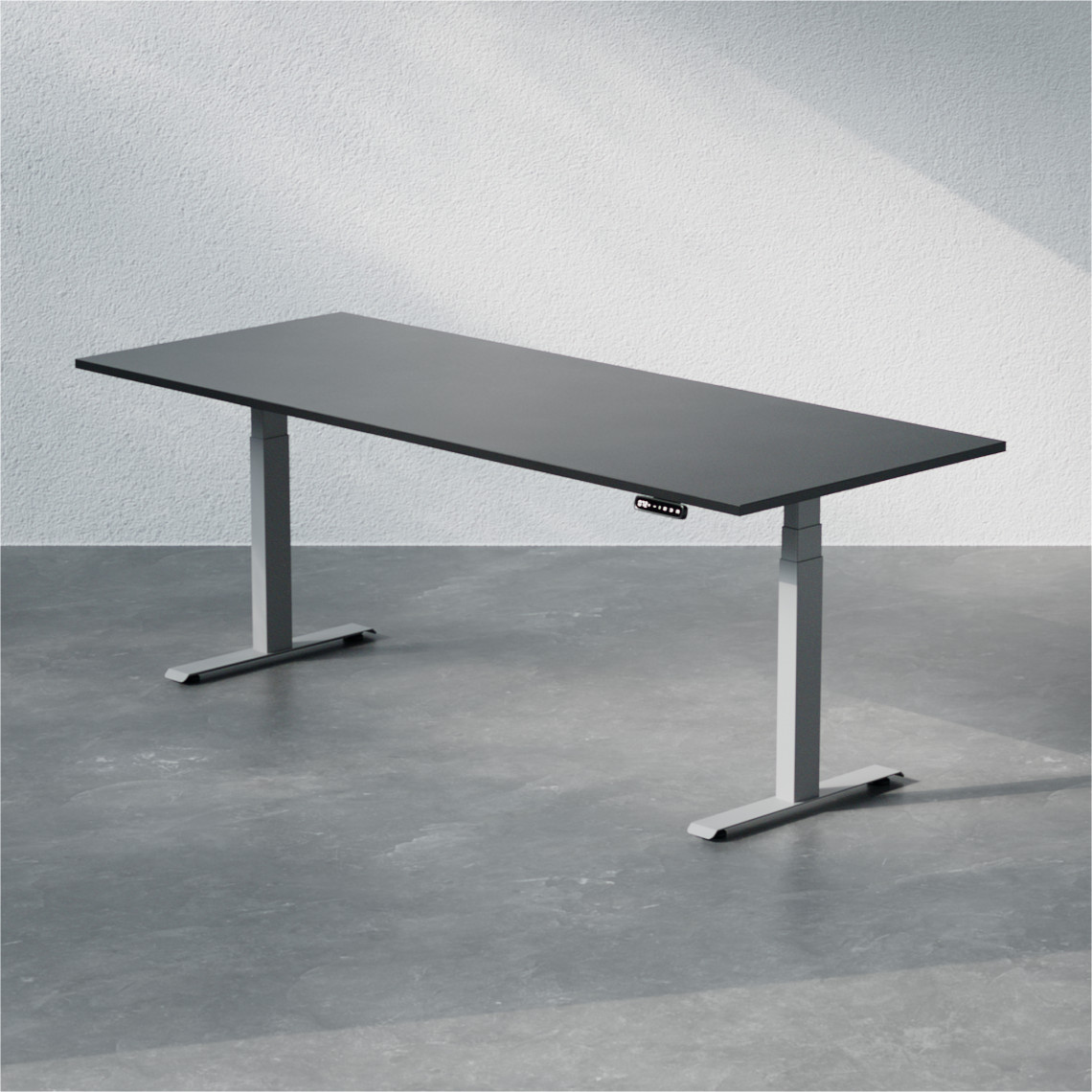 Höj- och sänkbart skrivbord Premium med svart bordsskiva och silvrigt stativ, storlek 200x80 cm.