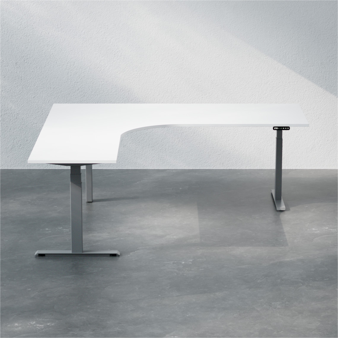 Höj- och sänkbart hörnskrivbord med vit bordsskiva och silvrigt stativ, mått 200x200 cm.