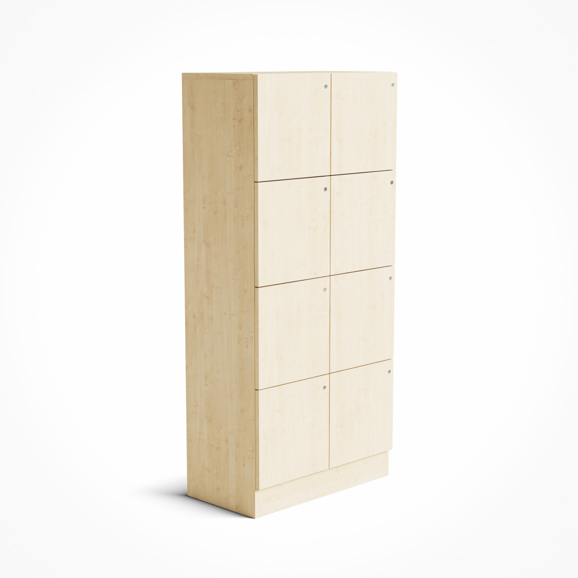 Högt björkfärgat skåp med åtta push to open-luckor i två rader, samt nyckellås.