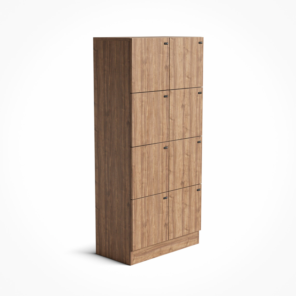 Högt skåp med åtta push to open-luckor i två rader, samt kombinationslås och valnötsutförande.