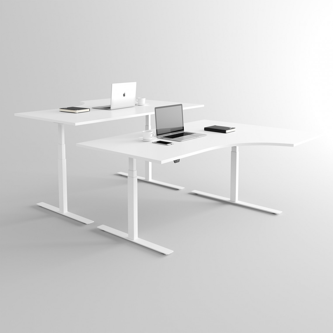 Höj och sänkbart svängt skrivbord, (snö), vitt stativ och vit skiva - Premium