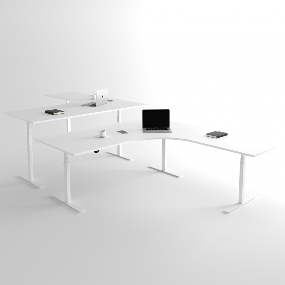 Höj och sänkbart hörnskrivbord, 3-ben, vitt stativ och vit skiva