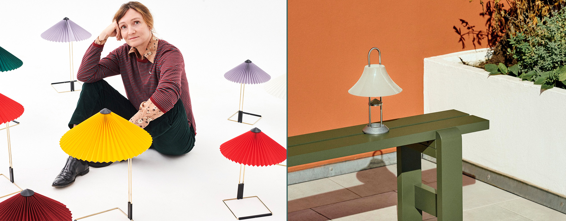 Inga Sempé sitter bland färgglada Matin-lampor. Bredvid en bild på en vit Mousqueton-lampa stående på en grön bänk