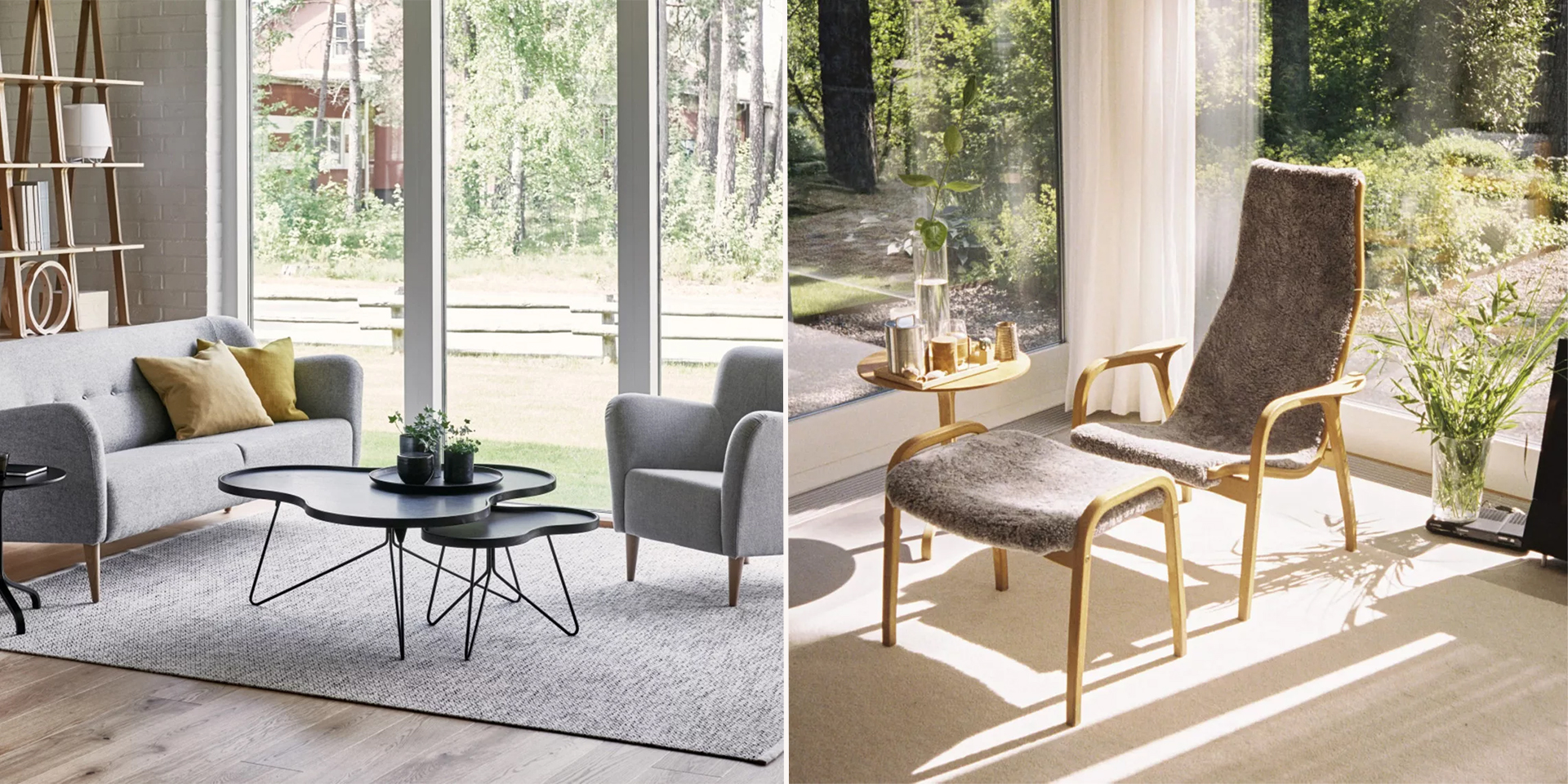 Sohvapöytä Flower Mono, Lamino-nojatuoli ja siihen kuuluva jalkarahi Swedeseltä.