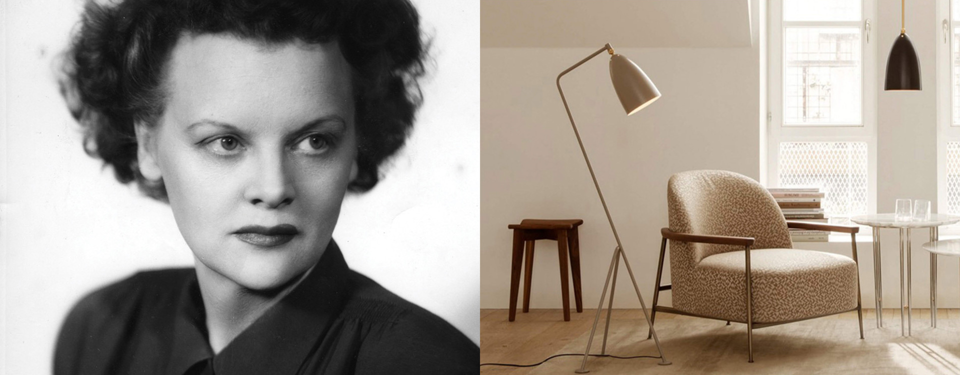 Sort-hvid billede af en ung Greta M.Grossman, ved siden af et billede af gulvlampen Græshoppen ved en beige lænestol.