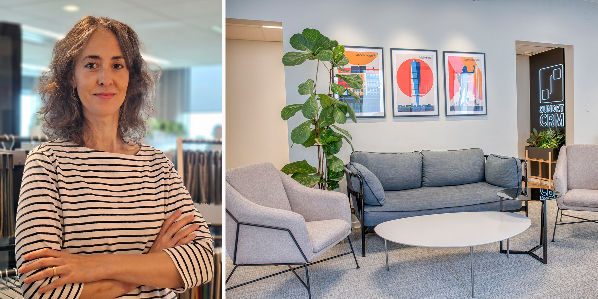 Bild på inredare med vit och svartrandig tröja, stående framför hängande tygprover. Bredvid en bild på gråsoffa, stol och växter i en lounge.