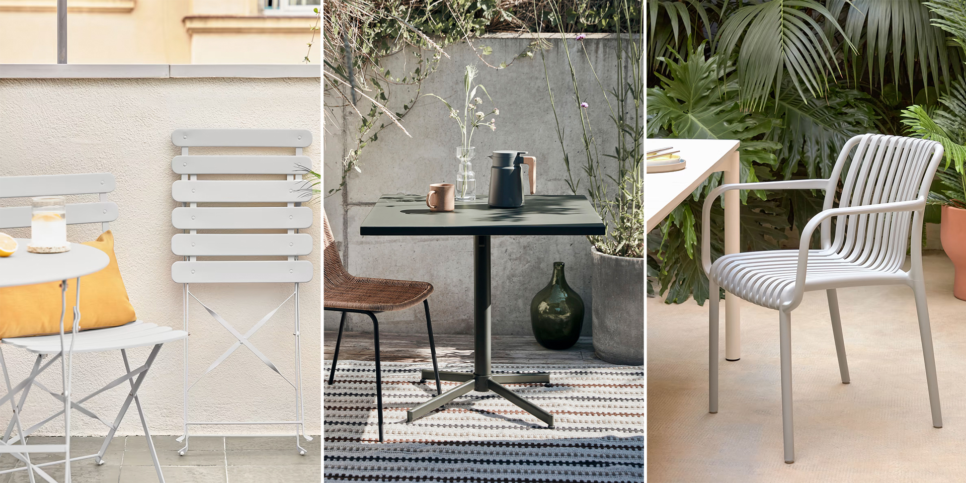 Café-Set B.C und Gartenstuhl I.E von Scandinavian Selection sowie Café-Tisch Helo von House Doctor.