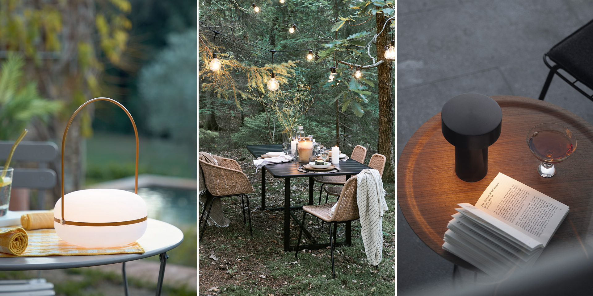 Lampe de table E.A de Scandinavian Selection, lampe suspendue Filan de House Doctor et lampe portable Column de Menu.